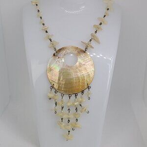 Vintage Mother Of Pearl Pendant Beaded Tassel Collar Necklace Screw Barrel Clasp